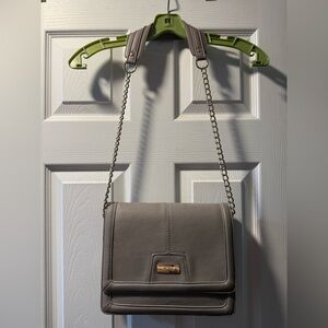 BCBG Gray Leather Purse with Metal Chain Detail. Great Condition